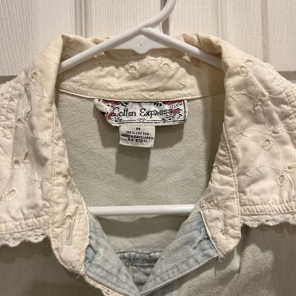 VTG Cotton‎ Express Sleeveless Button Down Denim Shirt Women Medium White Lace - Picture 3 of 7